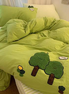 K15绿色发财毛巾绣被hk6eDHs3套水洗单棉床件床笠宿舍三套四件树