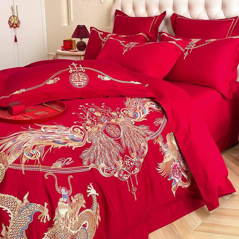高档龙凤套刺绣结婚色四件套大红被棉F3633817婚床上庆用品婚房喜