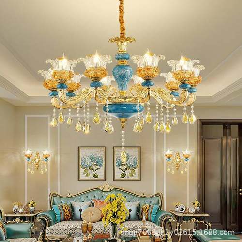欧式陶瓷客940厅厅水晶吊奢灯轻2205年新款别墅复式楼大餐厅卧室