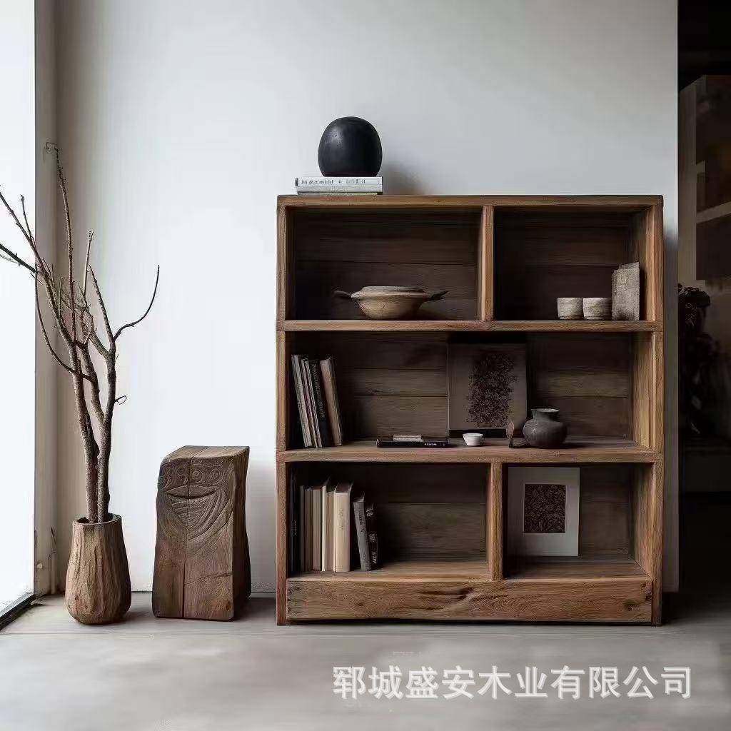 木复古装老榆木靠墙置物架多宝阁实展示架店饰储L7-26物架风化酒