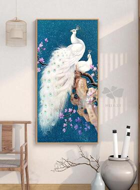 入绘玄关白色花双孔雀手油画客厅鸟图户装饰画MMD新中式国风竖版