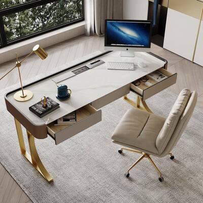 意式板岩书桌马鞍字皮办公桌桌高端轻奢书房写台设计感学习家KSO