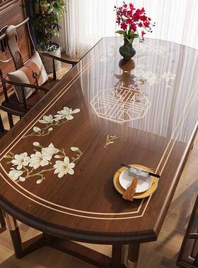 新中式椭圆形桌桌垫印花39939软玻璃桌布餐免洗油防水防防烫茶几