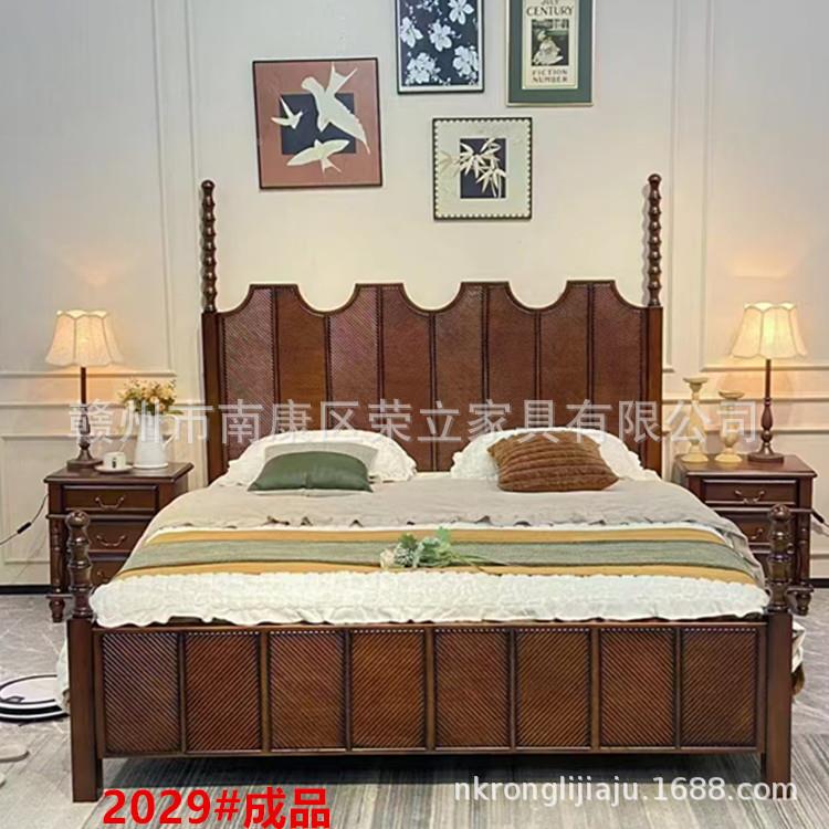 新款中古复风实木床式古双人床端别墅法式复古白XRD茬床头美床高