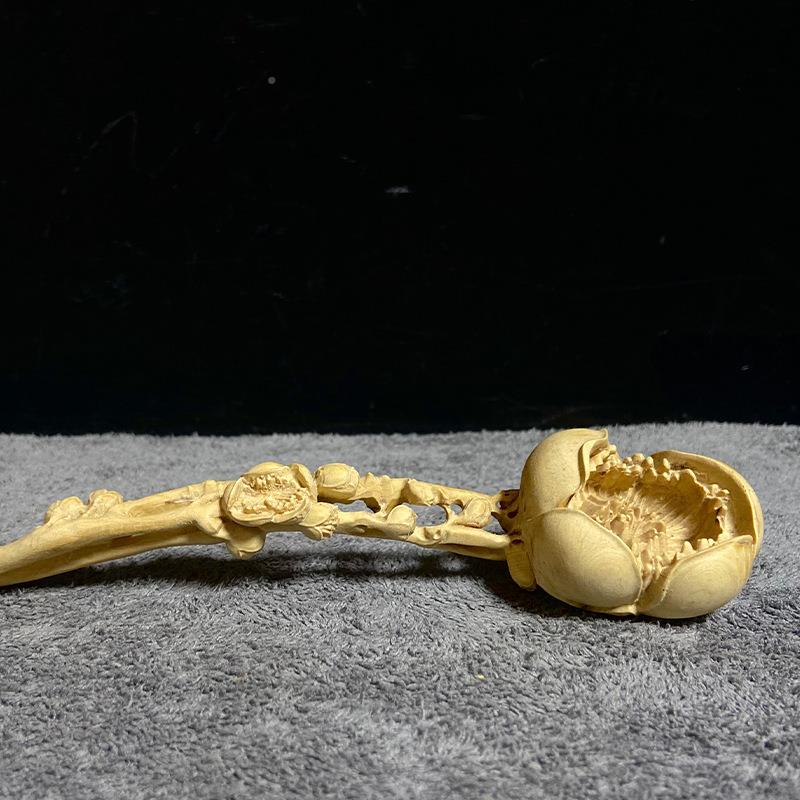 小叶黄杨木书雕中式桌装饰摆GFD件花如收意手把件文玩藏梅工艺品