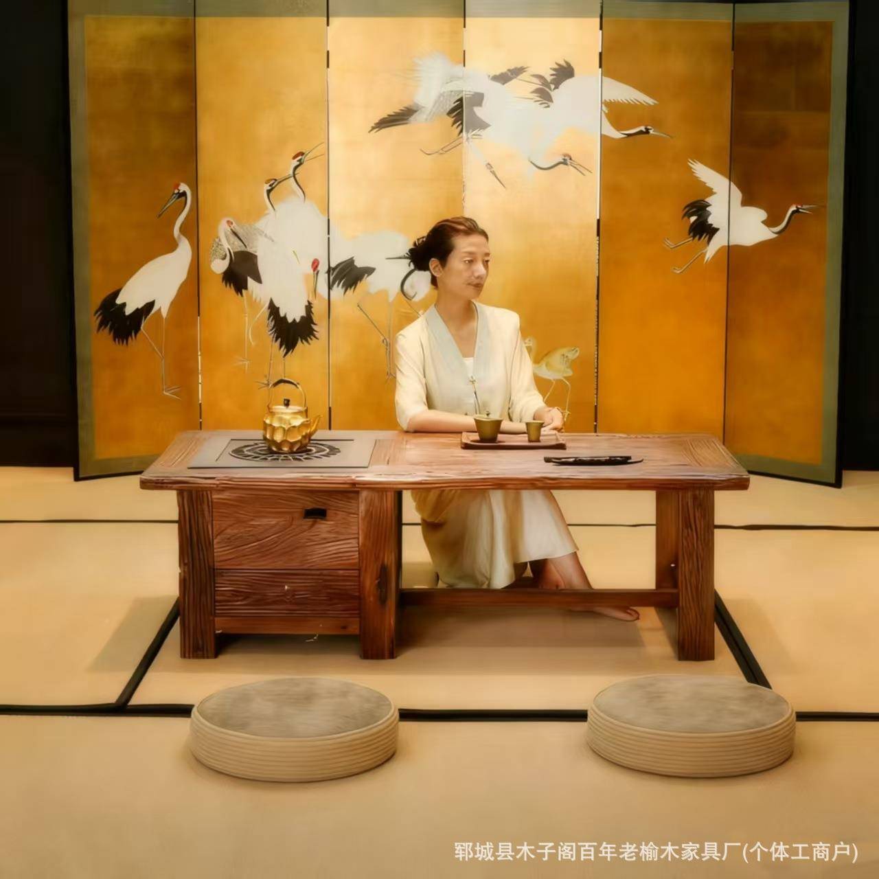 中式古老AOW榆复木围茶桌实木户外阳台煮茶桌阳炉台暖炉烧烤桌取