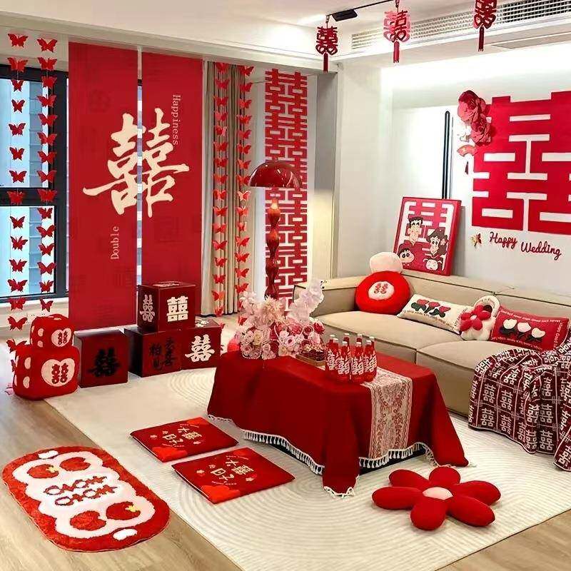 婚布蝶套装房主卧客厅长喜条幅挂布新房窗帘蝴78370串挂饰婚礼置