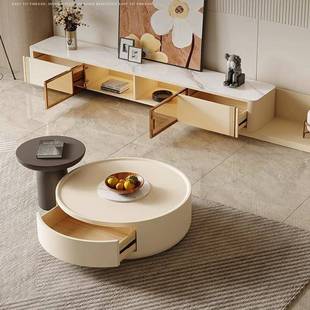 奶油风圆形OTG茶几电视柜用组合客款 奢轻现代简 厅家新小户型法式