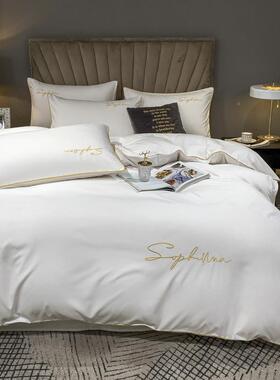 简约宿纯白色床上四件三套民刺绣LO56565GO被套单人床单宾可馆宿