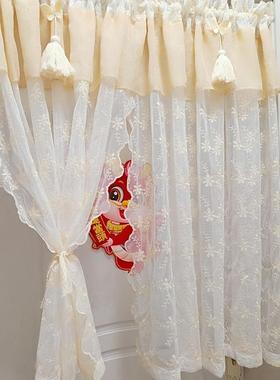 新款奶短风文帘艺小帘UWD油半帘刺绣蕾丝纱卧室书房门帘装饰帘免