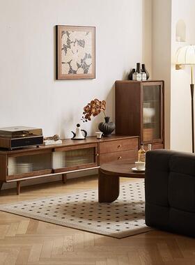 实木电视柜茶几合简约现客厅靠GEF风墙地柜代中古家组用影视柜