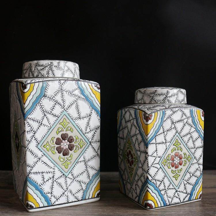 罐欧QTI式陶瓷花器摆件意家居装饰品客厅玄关四方创瓷盖陶罐