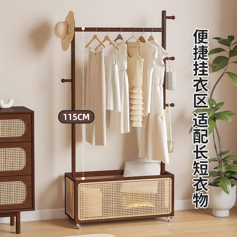 2025款可移实木挂衣新架卧室落式衣帽架KC-YMJ02脏衣篓带轮动衣服