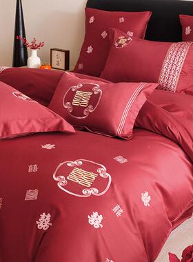 中式婚庆1件0支全棉四套纯棉简约喜XDQ字刺床绣红色被套结婚上0用