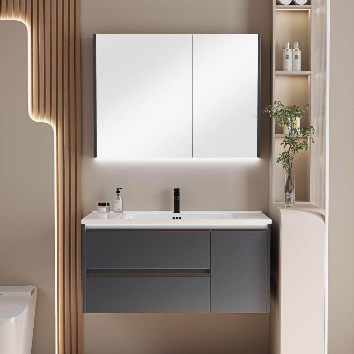 现代风高级感多层实木免漆柜浴室柜智能镜柜陶瓷一体盆组合