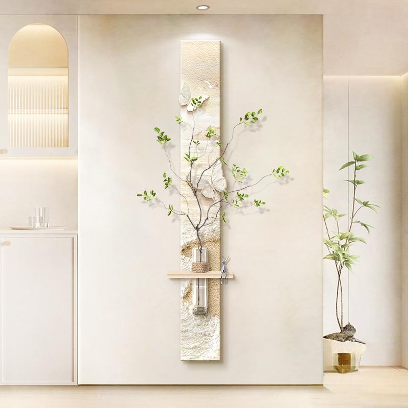 原木奶油风玄关装饰画竖版长条水培绿植走廊过道挂画入户门墙壁画