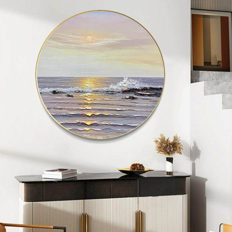 纯手绘油画丙烯砂岩圆框画客厅装饰画玄关餐厅手工肌理画圆形挂画