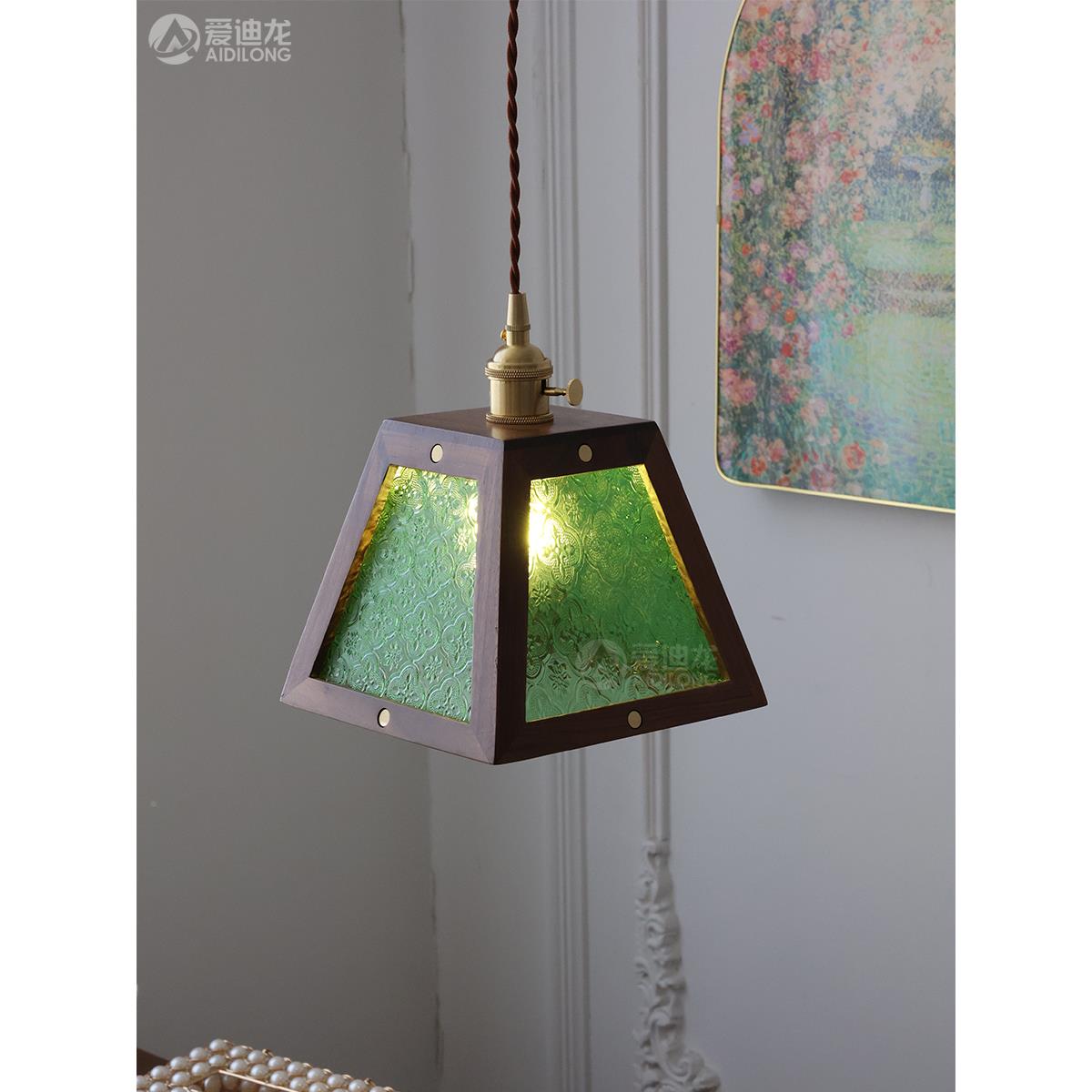 复古胡桃木架子海床棠花玻璃吊实木TY202323黄铜灯头卧室台餐厅吧