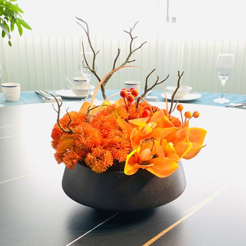 现代新中式仿真花艺售楼部酒店茶几桌面装饰餐桌花艺陶瓷盆景摆件