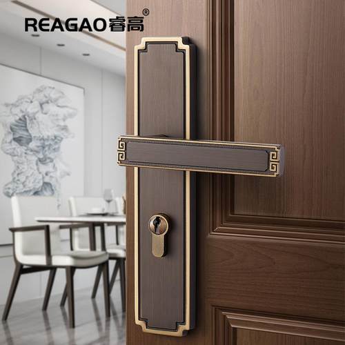 睿双高新中式纯铜门锁室内REAGAO\/卧房间木把手开门锁具静音家室
