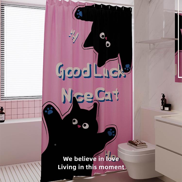 粉FPK色小猫黑帘防水防霉套装免打洗澡淋浴浴室卫孔生间隔断门帘