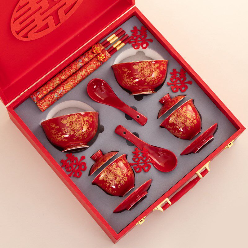 唐呈结婚改口敬茶杯一对红色陶瓷盖碗杯子套装新人婚礼喜庆敬酒杯