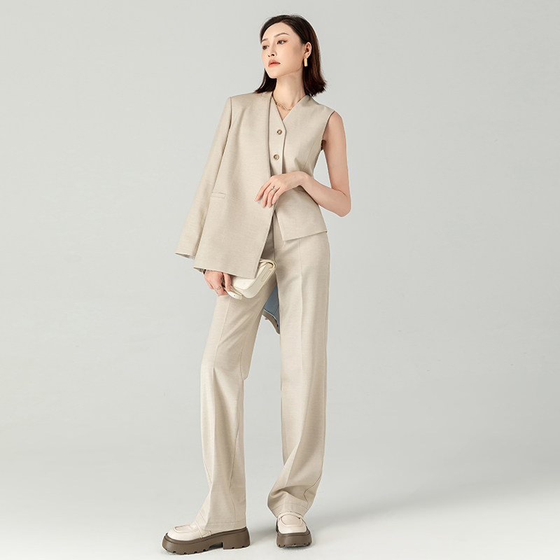 高级感精纺羊毛西装背心直筒裤三件套女秋装西服外套窄版长裤套装