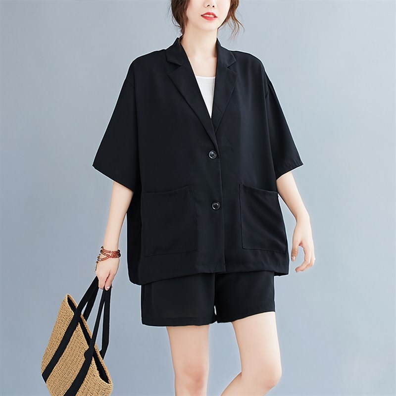 小西装外套女夏2020新款宽松大码休闲套装洋气胖mm阔腿短裤两件套
