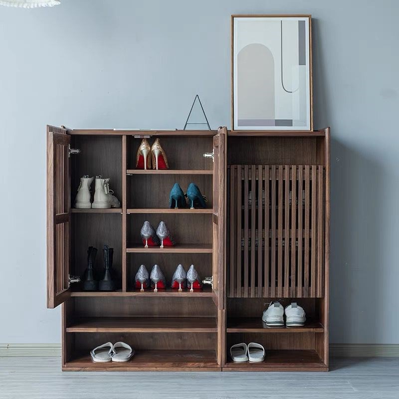 北美黑胡桃木格栅透气双门鞋柜简约大容量门口收纳玄关实木鞋柜