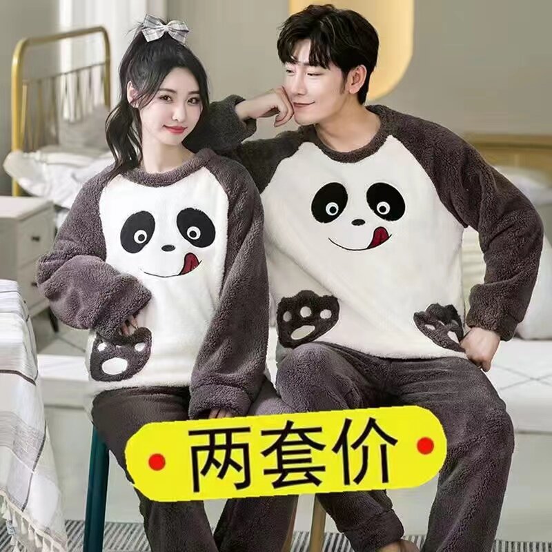 秋冬季加厚法兰绒可爱卡通情侣睡衣宽松男士珊瑚绒套装冬天家居服