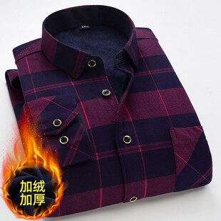 爸爸装 冬季 男加绒加厚宽松中老年休闲加大码 保暖格子衬衫 寸衣 新款
