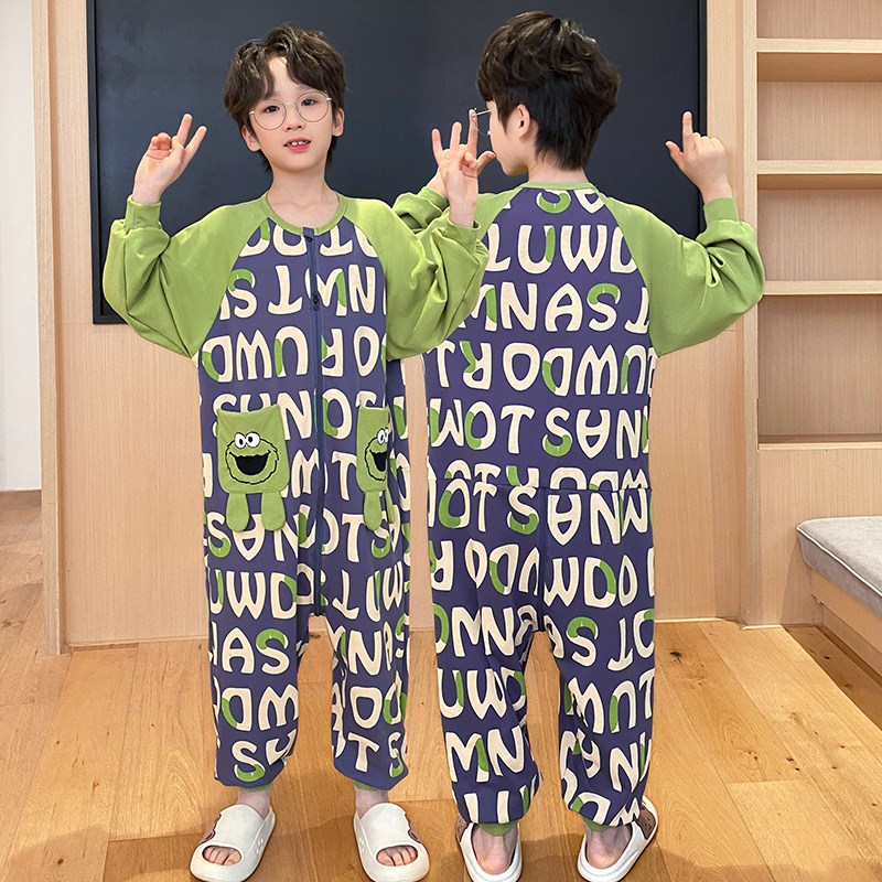 男童连体睡衣春秋纯棉长袖儿童宝宝家居服中大童卡通全棉防踢睡袋