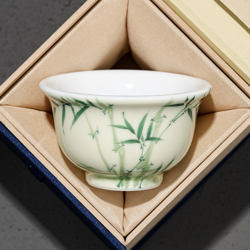 纯手绘翠釉绿竹中式压手主人杯个人专用高档陶瓷茶杯配精品礼盒装