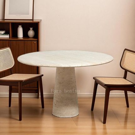 侘寂风洞石圆形餐桌别墅豪宅大户型客厅家用奶油风天然大理石饭桌