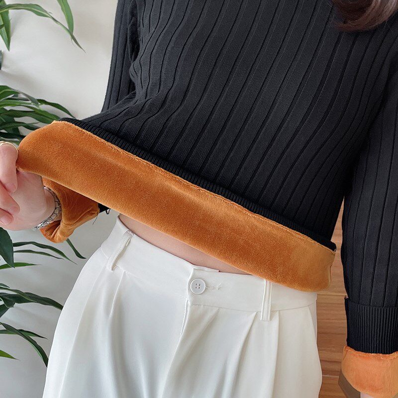 加绒毛衣女加厚女士针织衫内搭修身2023秋冬厚款保暖衣冬季打底衫