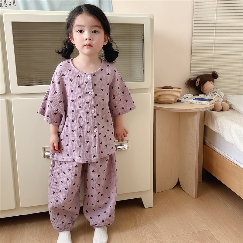 韩国儿童短袖家居服纯棉纱布男女童卡通全棉睡衣套装女孩夏季薄款