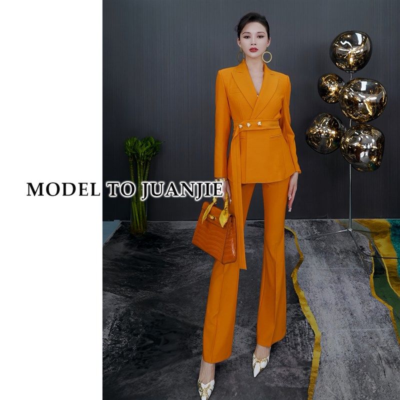 秋季新品高定气质手工轻奢时尚职业女神范显瘦西装微喇裤套装886