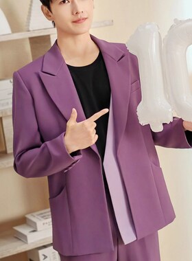 新款演出舞台主持艺考年会美发造型发型师假两件紫色西服套装1076