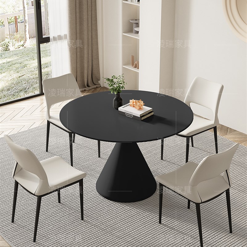 凌瑞家具家用小户型客厅圆形纯白色1米加底板哑光磨砂面岩板餐桌