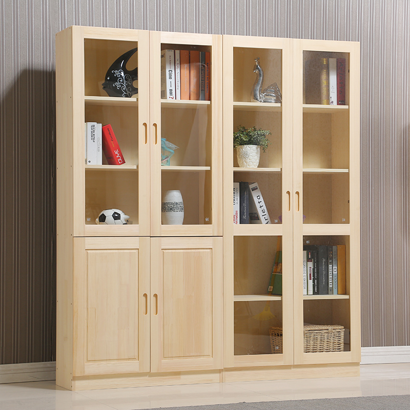 实木书柜松木玻璃门组合书柜子书架儿童书橱带门文件展示柜储物柜