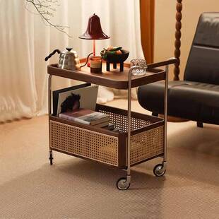 睦木家北欧实木边几黑胡桃木收纳小推车客厅沙发藤编置物边柜