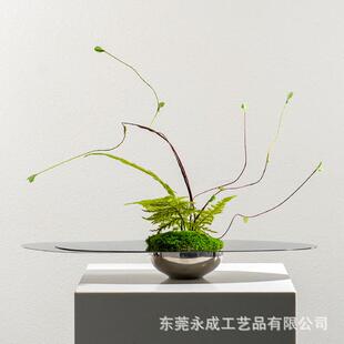 新中式轻奢不锈钢花器永生草皮苔藓样板间茶几展厅花艺摆件