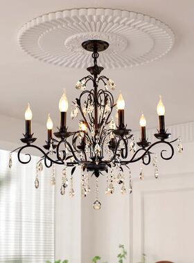 法式黑色水晶吊灯简约复古大气客厅吊灯高端轻奢创意卧室蜡烛灯具