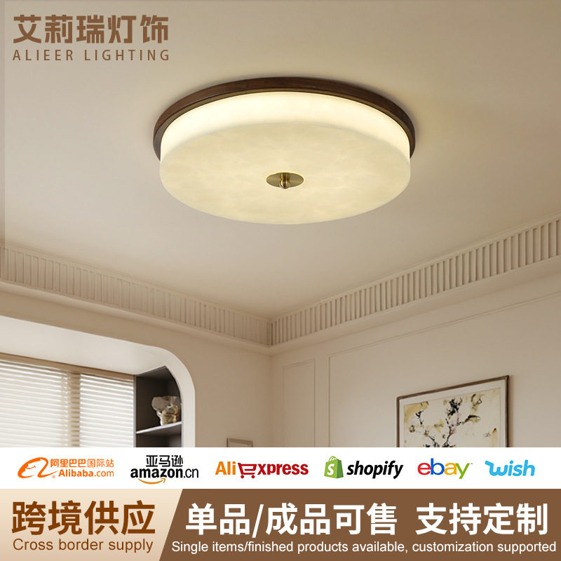 中式全铜仿云石吸顶灯高档主卧灯圆形卧室书房房间阳台灯具中古风