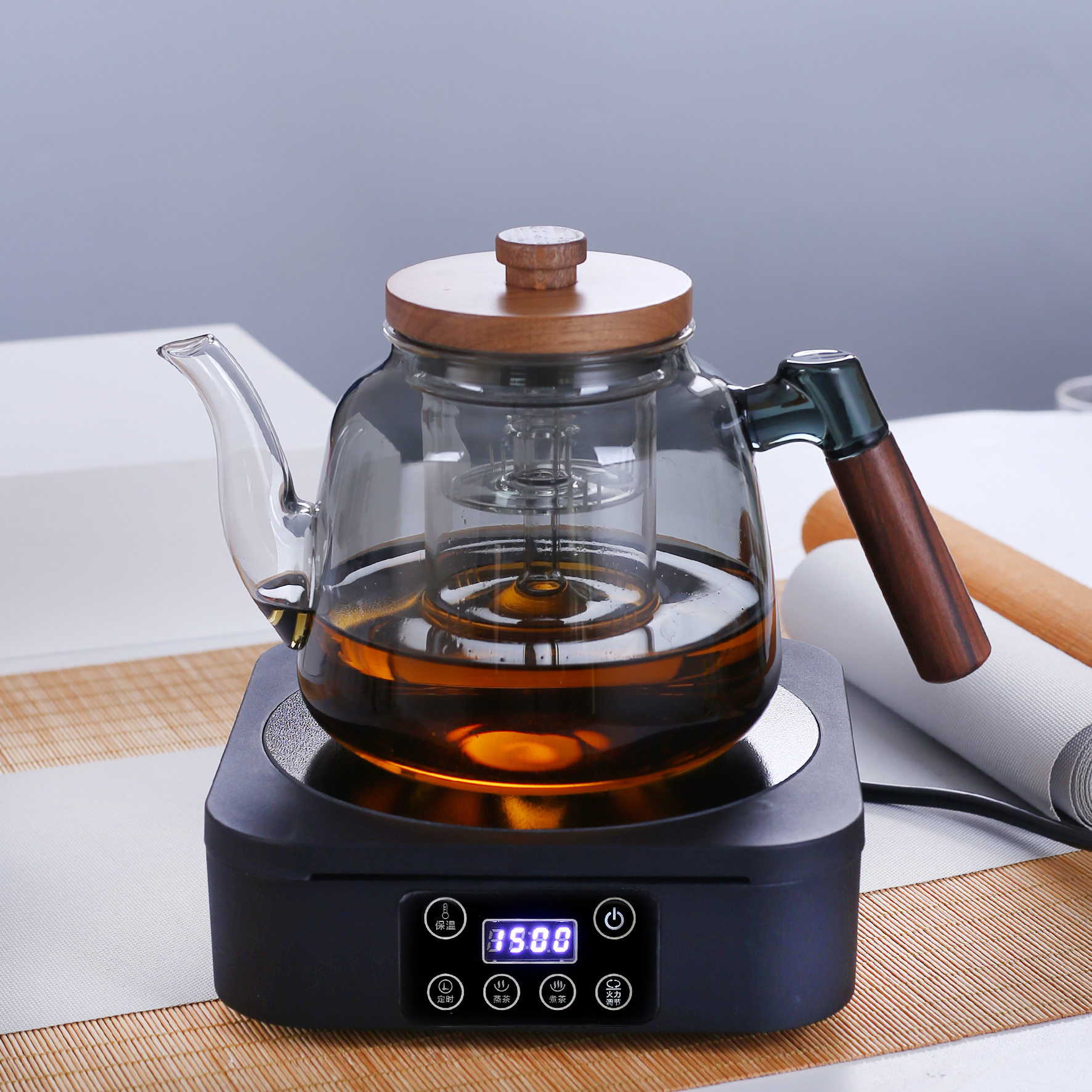 耐热玻璃茶壶套装方形电陶炉煮茶炉蒸煮茶壶套装耐高温一体煮茶炉