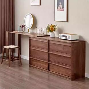 北美黑胡桃木梳妆台斗柜一体北欧实木樱桃木收纳床尾柜可旋转书桌