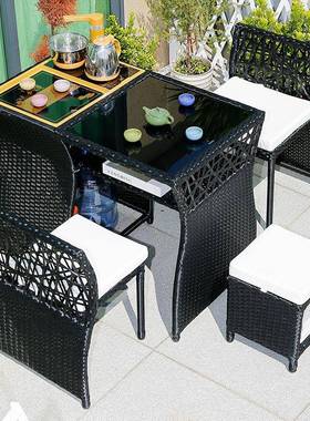 阳T-202012台庭院组茶具创意收一体套合网红藤编椅三件休闲一体桌