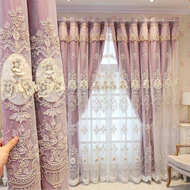 欧式大气浮雕纱绣层花双加厚遮光布一体品客厅卧室奢华窗LVZ成帘