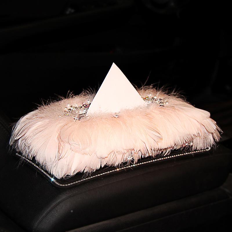 车载纸巾盒座式粉色+垫摆件汽车用钻水羽毛车餐巾盒车内装漂饰闪