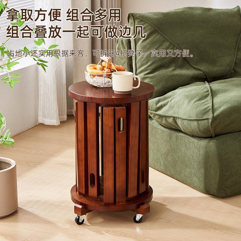 实木可放144茶几组合凳子叠轮叠乐凳圆餐桌待客备用凳带滑折叠椅
